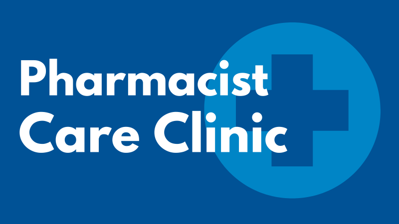 White text that says "Pharmacist Care Clinic" on blue background.