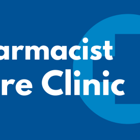 White text that says "Pharmacist Care Clinic" on blue background.